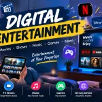 Digital entertainment featuring movies, TV shows, music, games, and streaming across multiple devices.