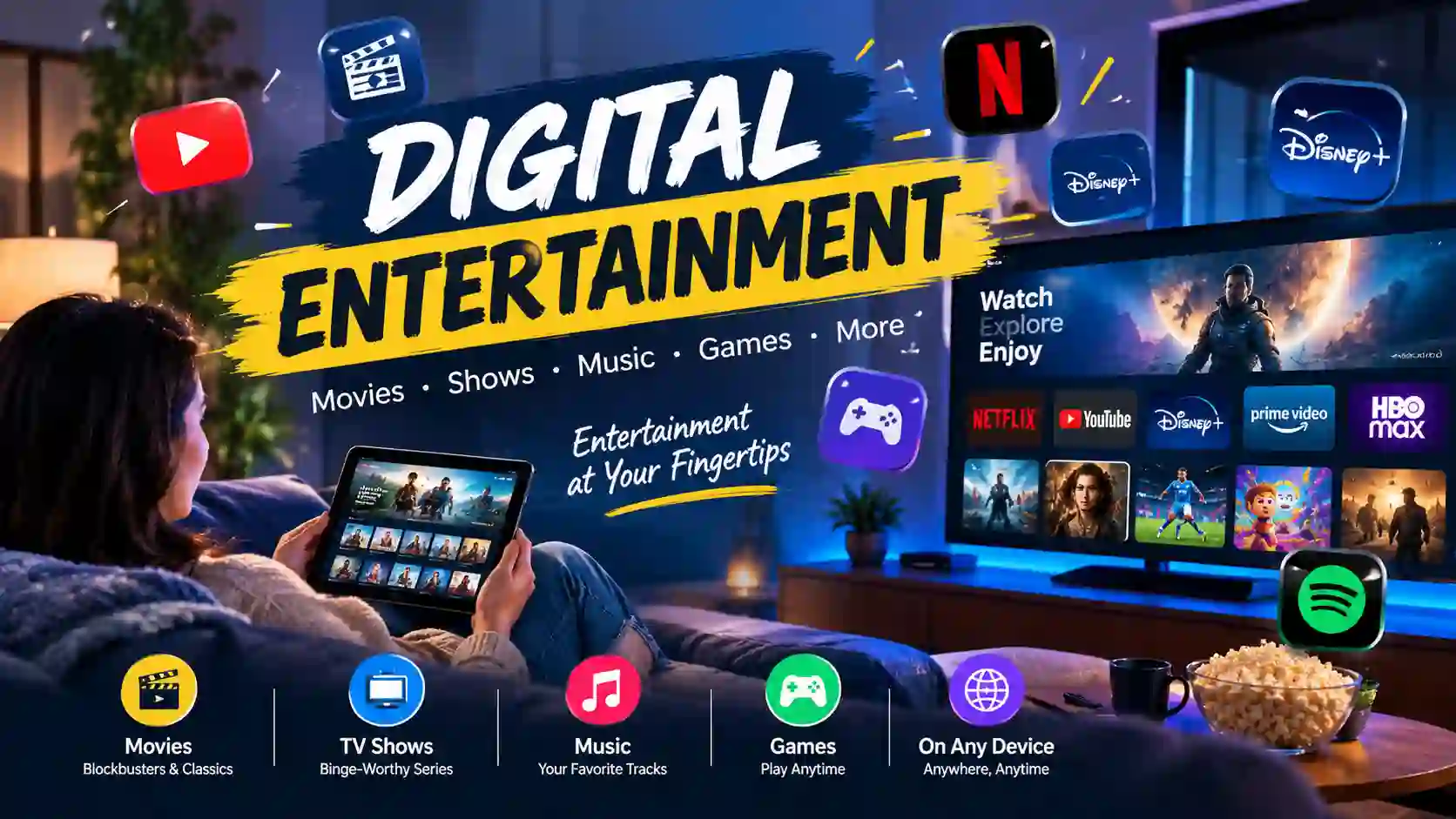 Digital entertainment featuring movies, TV shows, music, games, and streaming across multiple devices.